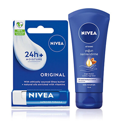 Nivea Nivea Original Care Dudak Bakım Kremi 4.8gr ve Yoğun Nemlendirici El Bakım Kremi 75 ml