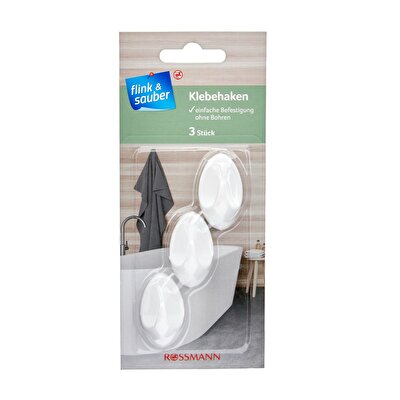 Flink & Sauber Flink & Sauber Yapışkanlı Askı Oval, Beyaz 3'lü